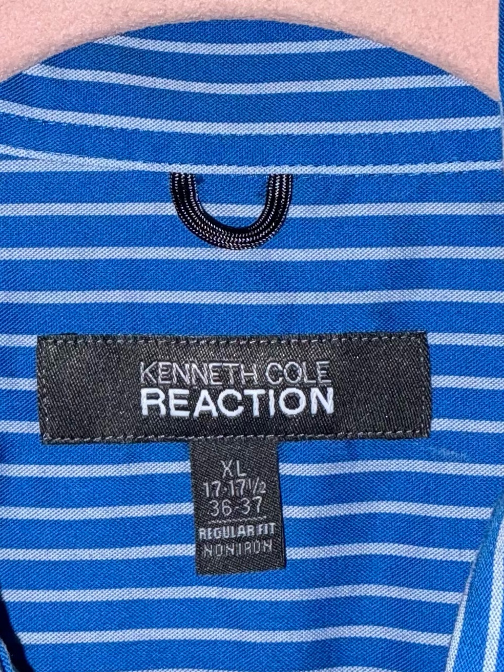 Kenneth Cole Reaction Regular Fit Blue and White Vertical Stripe Dress Shirt - Picture 5 of 9